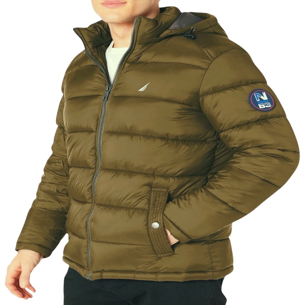 Nautica Men's XXL 2XL Puffer Jacket N83 Zip Removable Hood Water Resistant Green
